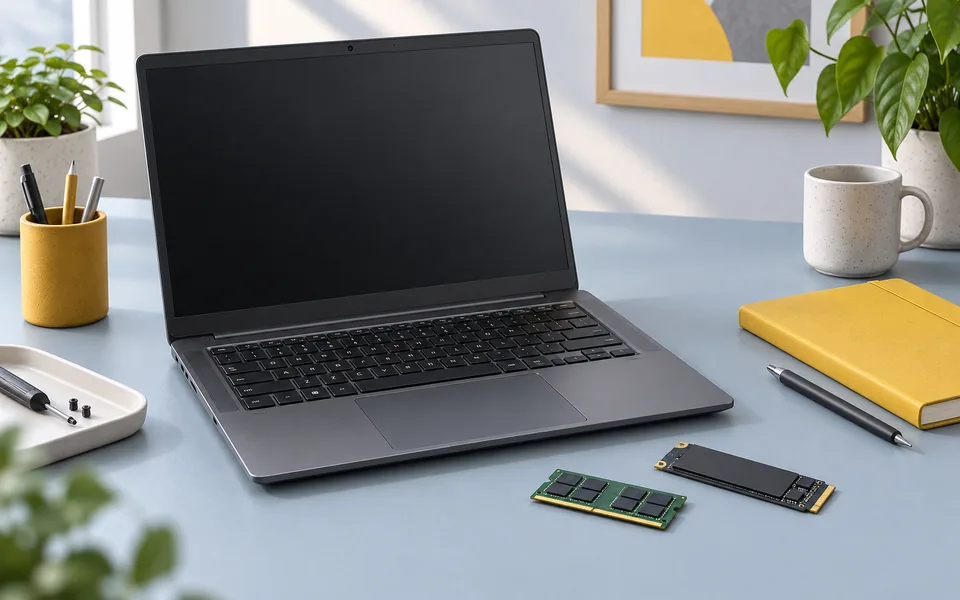 Ordinateur portable avec mémoire et disque SSD sur un bureau, illustration