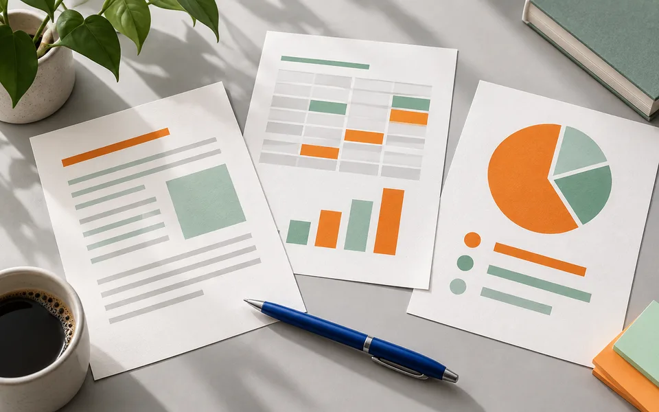 Documents illustrés de tableaux et de graphiques sur un bureau