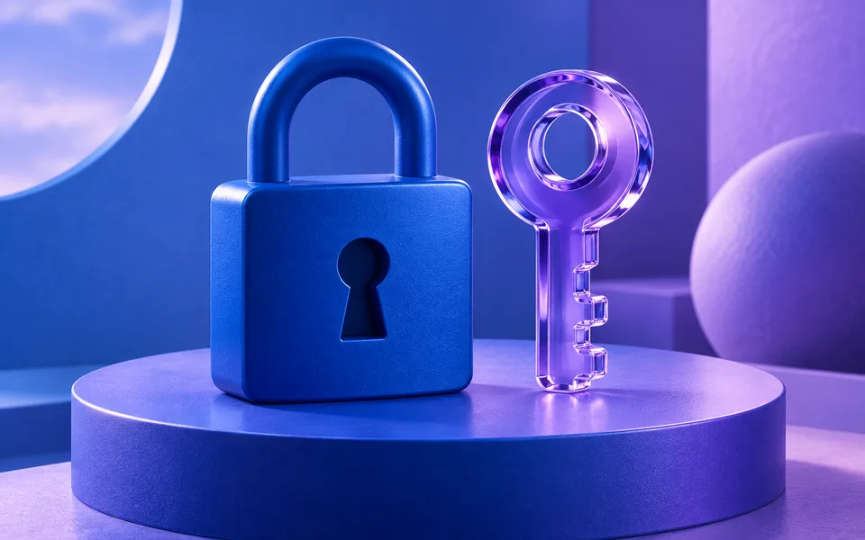 Cadenas bleu et clé violette, illustration de la protection des comptes